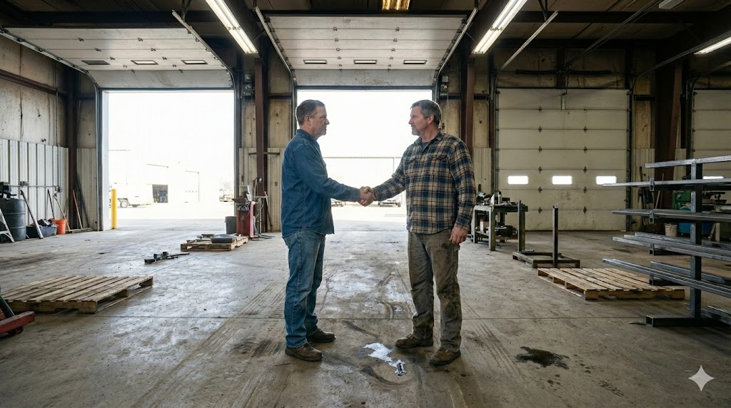 Two business professionals shaking hands at an industrial warehouse facility in Chicago, representing Medallion Industrial's relationship-focused approach to buying industrial real estate directly from property owners in Chicagoland